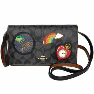 未使用に近い COACH スショルダーバッグ ウォレット レザー コーチ ゴールド金具 スマホ 鞄 ブラック ワッペン 希少モデル 箱 タグ付き 