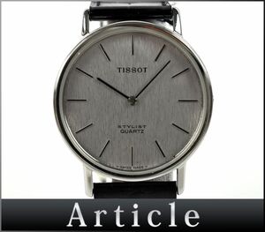 163684☆美品 動作確認済 TISSOT ティソ スタイリスト 腕時計 クォーツ ラウンド プッシュ式 SS レザー シルバー ブラック メンズ/ D