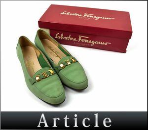 164124〇 Ferragamo フェラガモ パンプス ローファー 靴 24.5cm ヌバック スエード グリーン 緑 ローヒール レディース 箱付/ F