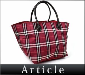 167308☆ BURBERRY バーバリー ブルーレーベル トートバッグ バッグ チェック柄 ナイロン レザー レッド ブラウン レディース/ B