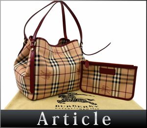 167440〇美品 BURBERRY バーバリー チェック柄 カンタベリー トートバッグ 3799356 PVC レザー ベージュ レッド レディース/ B