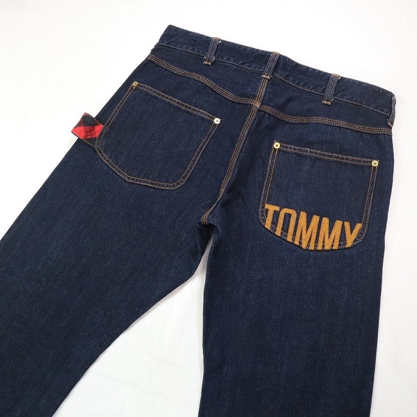 TOMMY HILFIGER トミーヒルフィガー 濃紺ペインターデニムパンツ ストレートジーンズ 刺繍ロゴ チェック柄 メンズ Mサイズ