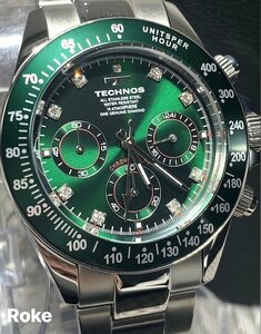 天然ダイヤモンド付き 限定カラー 新品 テクノス TECHNOS 正規品 腕時計 クオーツ クロノグラフ アナログ 多機能 防水 ステンレス グリーン