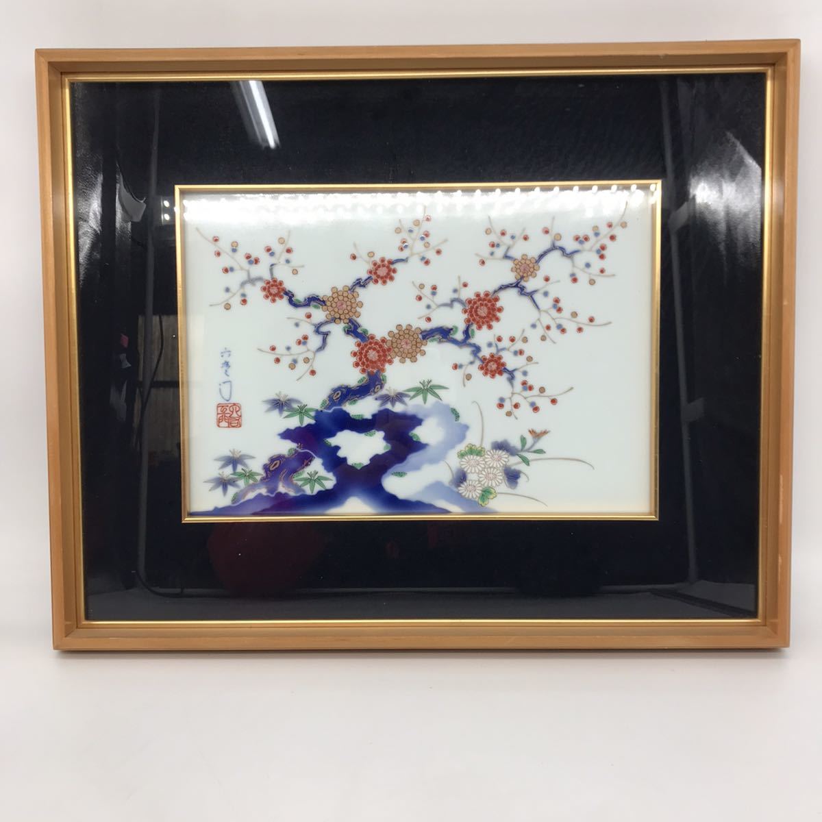 絵画 六右衛門 陶板 梅花 額縁付 日本画 インテリア 置物(検 壁掛け 額装 縁起物 花 美術品 NN1C4, 美術品, 絵画, その他