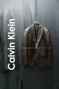 Calvin Klein 羊革 レザーテーラードジャケット 1B 1釦 Mサイズ ピークドラペル カルバンクライン ブラウン ラムレザー