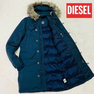 美品 DIESEL ディーゼル モッズコート ロングコート 中綿ジャケット 紺 M ファー付き はっ水加工 Teflon ミリタリー ジャケット