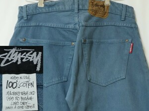 稀少 ! 80s USA製 OLD STUSSY ビンテージ オールド ステューシー カラー デニム バギー パンツ W34 (実寸85cm) 青 // 黒タグ 90s 550 560