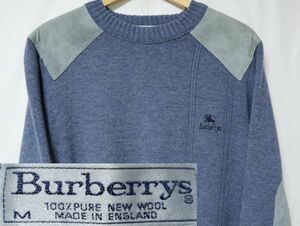 90s MADE IN ENGLAND Burberrys ビンテージ 英国製 バーバリー スウェード エルボー ショルダー パッチ ウール ニット セーター M サイズ//