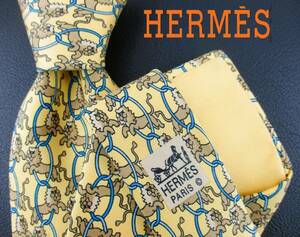  【極美品】HERMS／エルメスネクタイ　フランス製　レモンイエロー／ライオン×リングパターン柄　２本以上ご購入で送料無料　S142