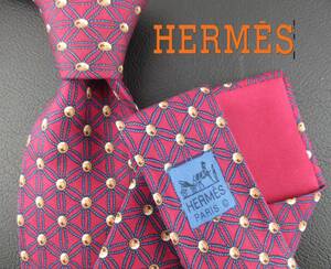  【極美品】HERMS／エルメスネクタイ　フランス製　ワインレッド／定番パターン柄　２本以上ご購入で送料無料　S134