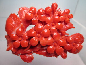 【江月】SILVER 本珊瑚 赤珊瑚大振りな花彫刻のブローチ 36,74g 