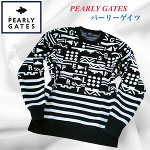 【美品・(XL)サイズ6】PEARLY GATES パーリーゲイツ ニット ブルゾン 幾何学柄 メンズ ゴルフウェア 刺繍 セーター 