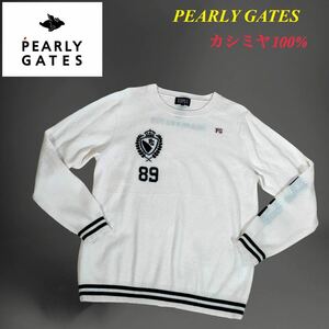 ★美品★パーリーゲイツPEARLYGATES 最高級カシミヤ100%ニット クルーネック ゴルフセーター サイズ5/L 薄手軽量 オフホワイト