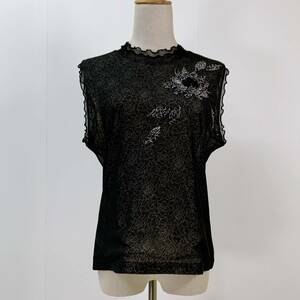 S1706 ★美品★ MAGLIONE MILLIONE レディース カットソー 袖無 黒 花柄 ストレッチ 上品 フリル モノトーン 白 エレガント レトロ