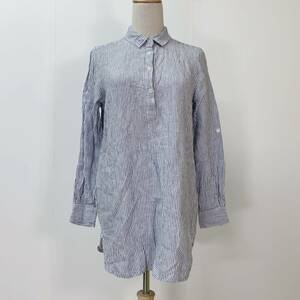 S2157 Mizuiri Linen レディース チュニック 長袖 人気 M 白 ストライプ 万能 ゆるふわ シンプルデイリーカジュアル 青 麻100％ ポケット