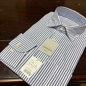 Antonucci☆白地×ブルーストライプワイシャツ　L(41-80)　形態安定　ワイドスプレッド　百貨店販売品