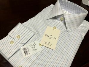 百貨店販売品　BILL CAUSE☆形態安定　白地　黒×青ピンストライプワイシャツ　M(38-80)　レギュラーカラー　送料無料