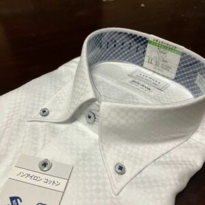 LES　MUES　綿100％形態安定ワイシャツ　白織柄　LL(43-86)　ボタンダウン　　立体パターン