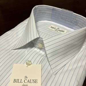 百貨店販売品　BILL CAUSE☆形態安定　白地　黒×青ピンストライプワイシャツ　M(39-80)　レギュラーカラー　送料無料