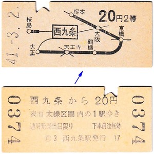 国鉄　地図式乗車券　£276　昭和41年　西九条　→　20円区間　２等