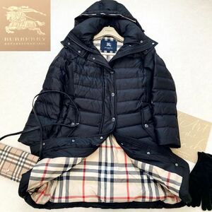 大きいサイズ◆美品◆バーバリー BURBERRY 40/11号/L 極上ハンガリーグース最高比率95%!2wayサイドリブ♪超美ラインロングダウンコート 黒