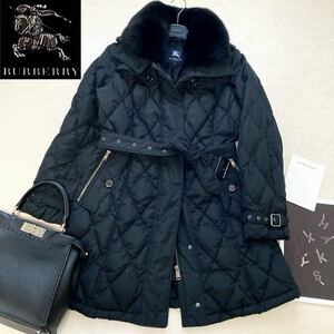 大きいサイズ◆美品◆バーバリー BURBERRY 46/15号/XL-3L ダイヤモンドキルト☆豪華濃密フォックスファー♪2wayベルテッドダウンコート 黒