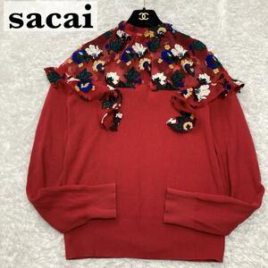 美品 sacai サカイ レース切替 ニット セーター 刺繍 花柄 シースルー エルボーパッチ コットン トップス レディース フリーサイズ