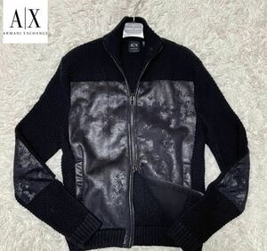 極美品◎L相当 アルマーニ ムートンジャケット ニット ボアジップジャケット ブルゾン ライダース ARMANI EXCHANGE エコレザー ローゲージ