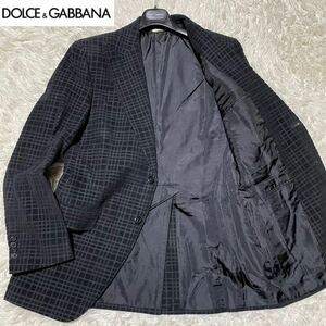  極美品◎XLドルチェ&ガッバーナ【唯一無二立体ベロアチェック】DOLCE&GABBANA テーラードジャケット ブレザー 金チェーンタグ ブラック 50