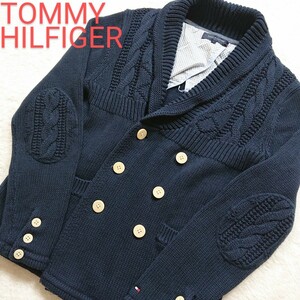 【美品 希少デザイン】Lサイズ ニットピーコート トミーヒルフィガー TOMMY ダブル ケーブル編み ショールカラー エルボー メンズ ネイビー