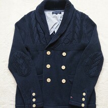 【美品 希少デザイン】Lサイズ ニットピーコート トミーヒルフィガー TOMMY ダブル ケーブル編み ショールカラー エルボー メンズ ネイビー_画像3