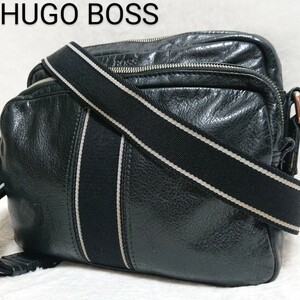 【高級感 長さ調整可】オールレザー HUGO BOSS ヒューゴボス ショルダーバッグ 革 ロゴ 肩掛け 斜め掛け クロスボディ メンズ 黒 ブラック