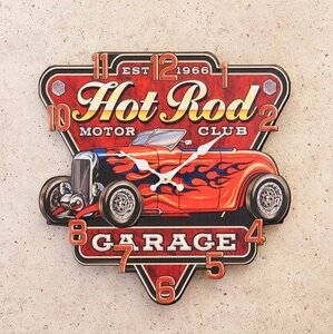 【Motor Club】※《アンティークエンボスクロック・Hot Rod》　アメリカン雑貨　ブリキ看板　メタルサイン　時計　ROUTE66