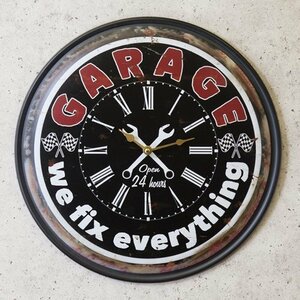 【ブラック】※《アンティークメタルクロック・GARAGE》　アメリカン雑貨　ブリキ看板　メタルサイン　時計