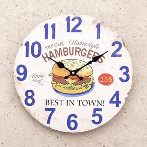 【ハンバーガー】※《アンティークＭＤＦクロック・HAMBURGER》　アメリカン雑貨　ＭＤＦ材　木製　時計