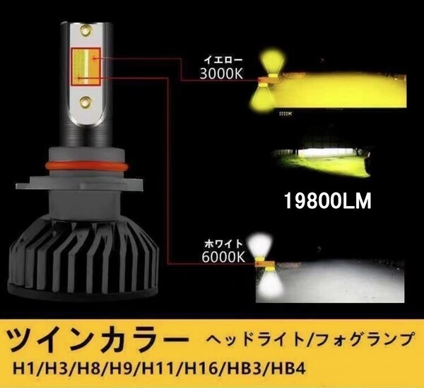 ツインカラー LEDヘッドライト LEDフォグランプ H1 H7 HB4 白 ホワイト イエロー 3000k 黄色 走行中切替