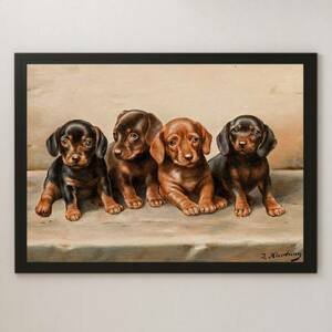 Art hand Auction Karl Reichert 四只腊肠犬幼犬绘画艺术光面海报 A3 酒吧咖啡厅经典复古室内装饰动物宠物, 住房, 内部的, 其他的