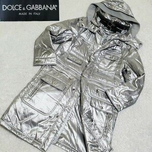 (希少)DOLCE&GABBANA/ドルチェ&ガッバーナ 実寸XL位 2WAY 中綿 ロゴ裏地 シルバーミリタリーコート/ロングコート/ブルゾン/アウター 48