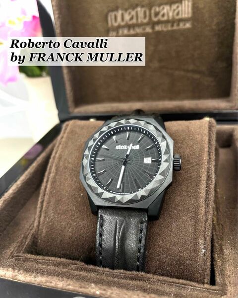 美品★ roberto cavalli ロベルトカヴァリ　フランクミューラー　腕時計　黒　レザーバンド　デイト機能　クォーツ