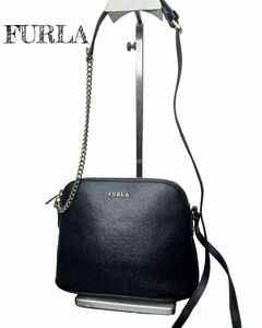 超美品★ FURLA フルラ　チェーン ショルダーバッグ 黒 ブラック　ゴールド　小ぶりバッグ　レザー　斜めがけバッグ