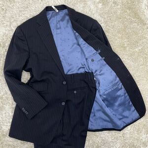  Hanabishi 花菱 セットアップ スーツ 黒 ブラック 青 ブルー 総柄ピンストライプ モノグラム M相当 ウール メンズ ビジネス 3