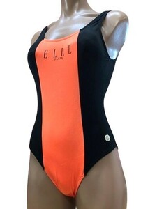 r1_5744 ★定形外 配送★ 美品 ELLE エル パリス 光沢ブラック×蛍光光沢オレンジ ハイカット競泳水着 水泳 練習 Uバック つるぴた 9M