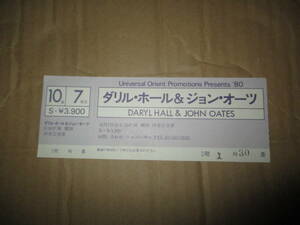 コンサート 半券　ダリル・ホール&ジョン・オーツ　Daryl Hall & John Oates　1980年　渋谷公会堂　JAPAN TOUR　未使用