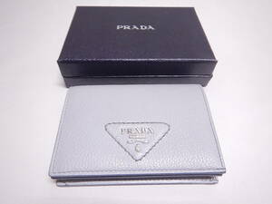 新品同様■PRADA プラダ 財布 2つ折り財布 コンパクトウォレット 札入れレザー グレー■