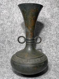 骨董 青銅 花瓶 21.5cm 兼春 ★ 花器 壺 アンティーク 青銅器