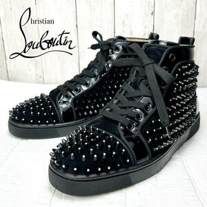 【良品】Christian Louboutin　クリスチャンルブタン　クリスタルスタッズ ブラックレザー ハイカットスニーカー41（26cm相当）