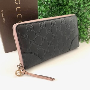 1円 美品 GUCCI グッチ シマ マイクロシマ コンビ ピンクベージュ マットブラック ラウンドファスナー長財布