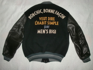 ★MEN‘S BIGI ヴィンテージ袖革スタジャン M `80s日本製メンズビギ オールドバーシティジャケット ブラック/ブラック 当時モノ