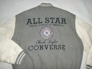 ★CONVERSE ヴィンテージ袖革スタジャン M `90sコンバース ALL STAR オールド袖革スタジャン グレー/ホワイト