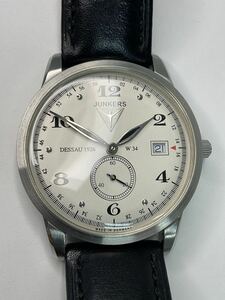 営KW288-60◆ JUNKERS／ユンカース DESSAU 1926 W34 6334-4／12198／GR シルバー×ブラックベルト クォーツ腕時計 （現状品）